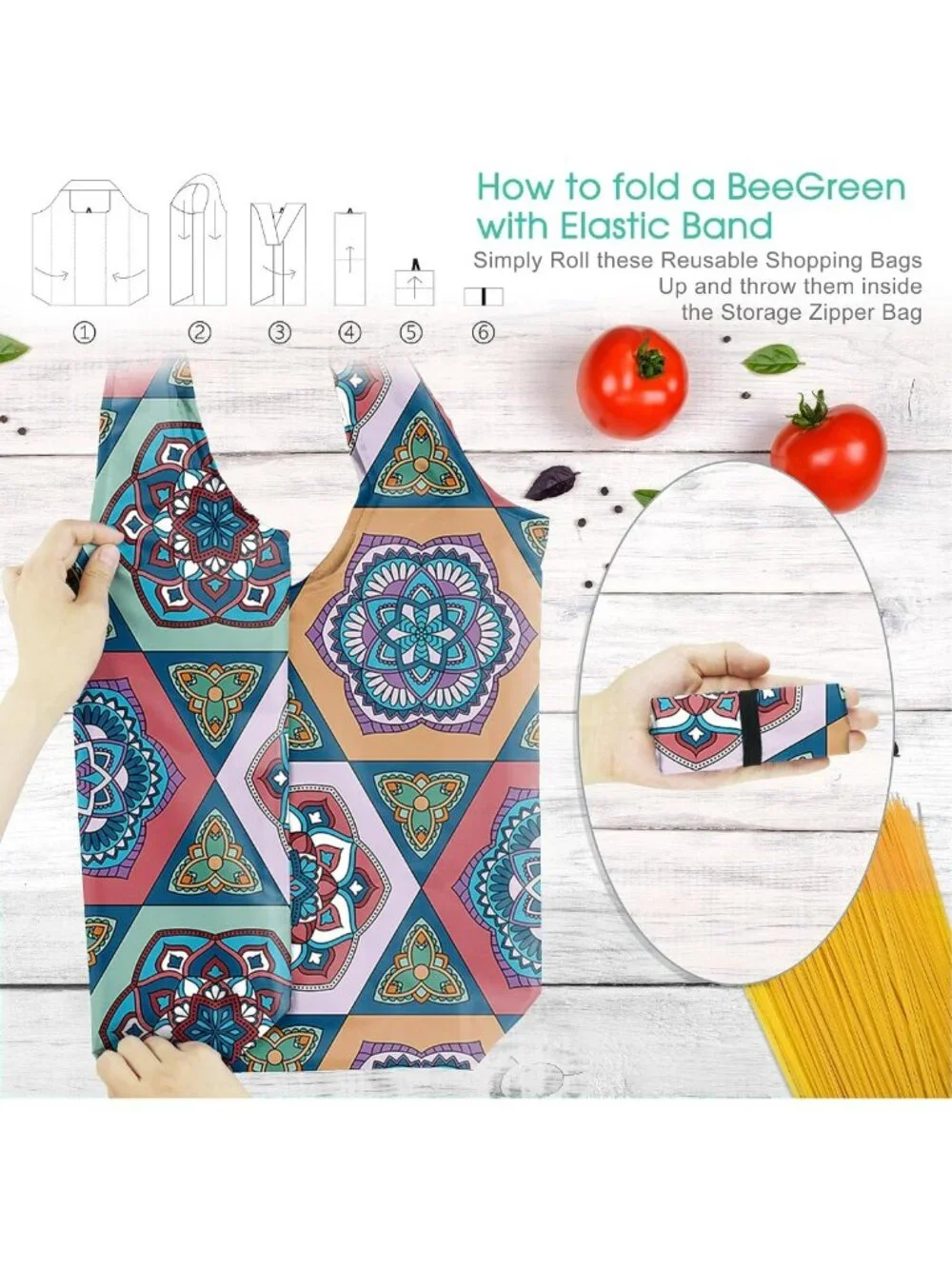 Boho Geometric Reusable Grocery Bags - X-Large Foldable, Heavy Duty, 6 Pack